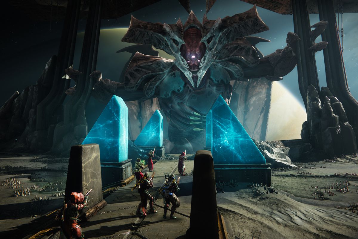 6 players in the raid 'Kingsfall' fighting Oryx, The Taken King, a massive raid boss in Destiny 2 (the game)